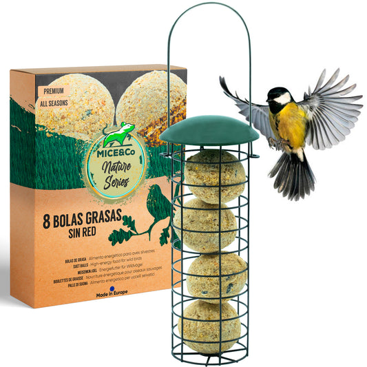 Mice&Co Comedero para Pájaros con Bolas Grasas - Pack Completo 1 Comedero y 12 Bolas - Mice&Co