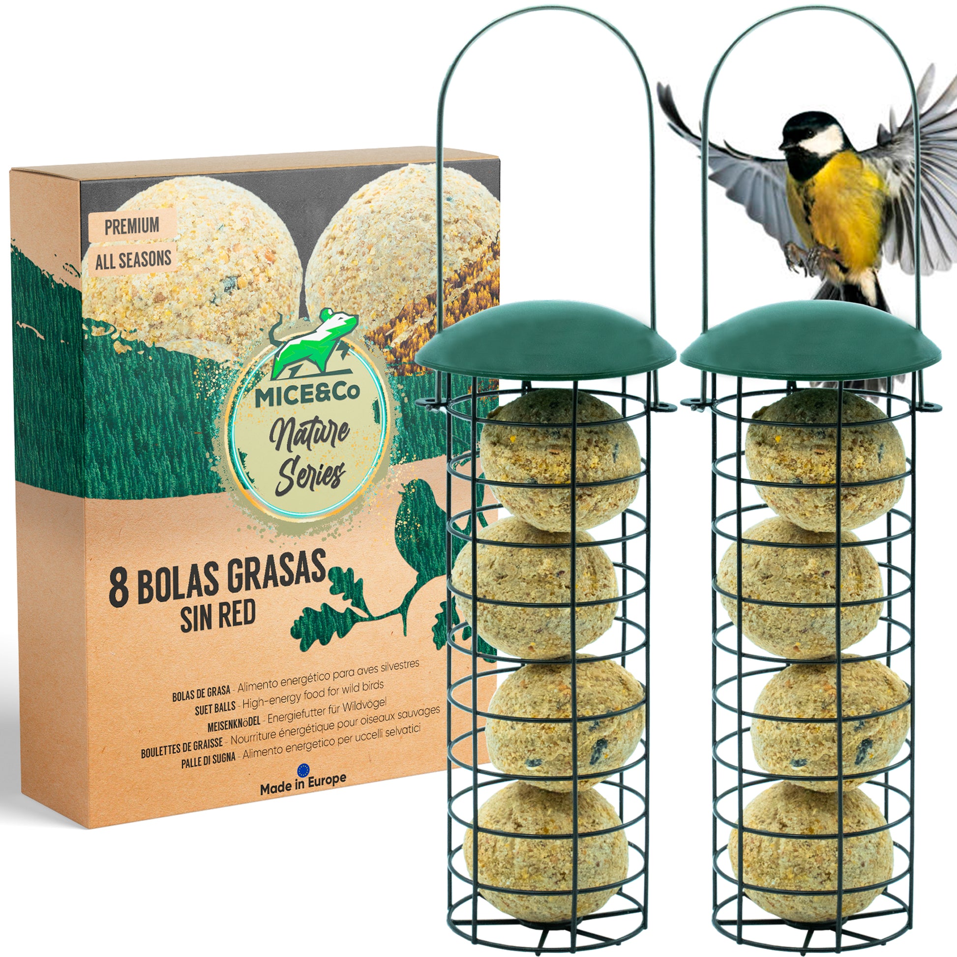 Mice&Co Comedero para Pájaros con Bolas Grasas - Pack Completo 1 Comedero y 12 Bolas - Mice&Co