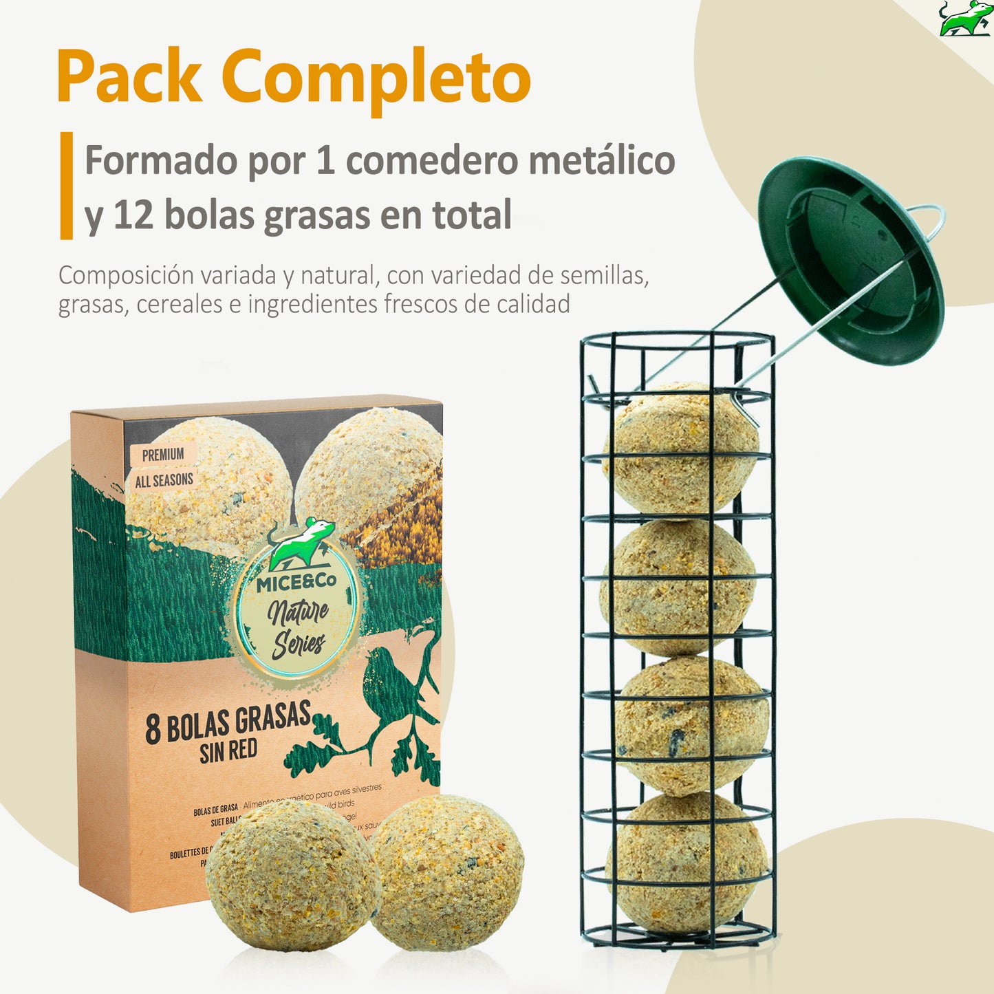 Mice&Co Comedero para Pájaros con Bolas Grasas - Pack Completo 1 Comedero y 12 Bolas - Mice&Co