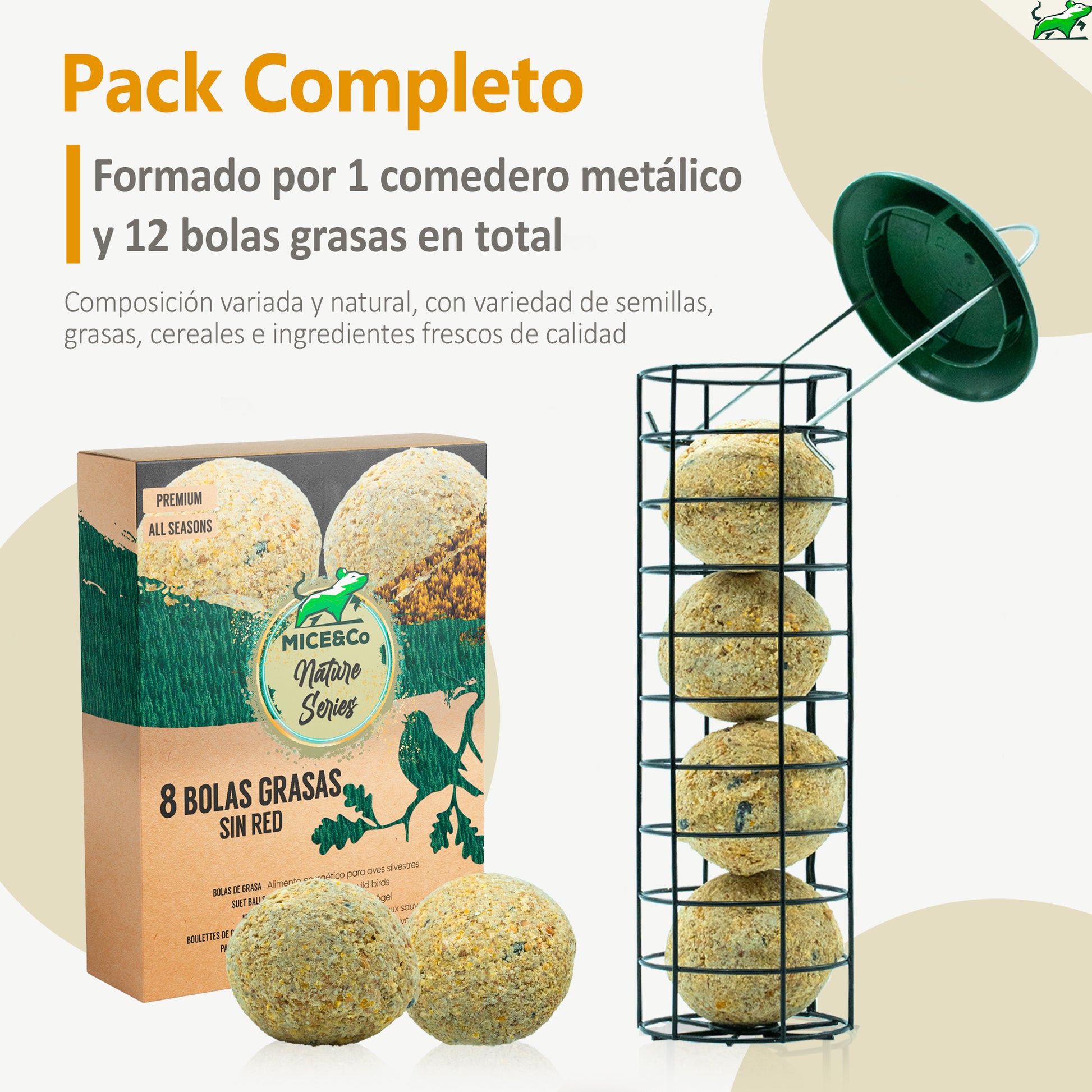 Mice&Co Comedero para Pájaros con Bolas Grasas - Pack Completo 1 Comedero y 12 Bolas - Mice&Co